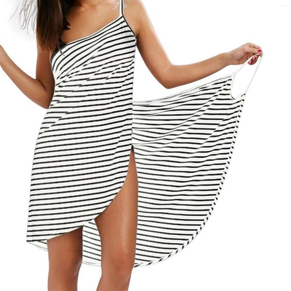 Mulheres Swimwear Mulheres Sarong Praia Sexy Poliéster Elástico Proteção Solar Maiô Coverup Stripe Padrão Slip Dress Bikini Wrap 2 em 1