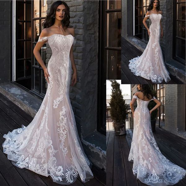 Abiti da sposa a sirena country Abiti sexy in pizzo con perline di cristallo Abiti da sposa Sweep Train Corsetto Indietro Plus Size Vestido de Noiva 04