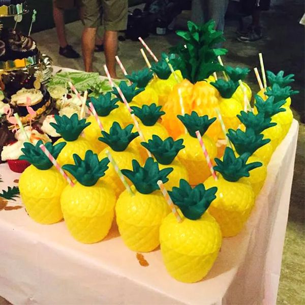 612 Stück Sommer tropische Ananas Kokos Trinkplastikbecher Strand Pool Hawaii Luau Geburtstag Party Dekoration Strohbecher 240122