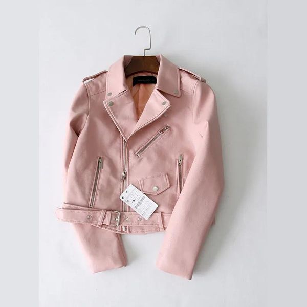 Jackets 7 Color Women Short Faux PU Leather Jacket With Belt Pink Yellow Slim Lapel Streetwear Long Sleeve Biker Jacket Spring Autumn