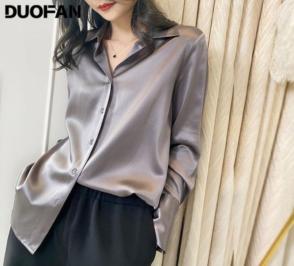 DUOFAN Büro Silk Satin Shirts Neue Frühling Herbst Damen Einfache Bluse Tops Frauen Kleidung Koreanische Lose Grau Hemd Blusas Mujer8882018