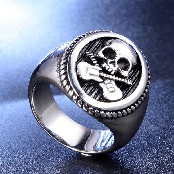 Cool Guitar Skull Ring Oro / Argento Colore 14K Oro bianco Biker Skull Anello da uomo Punk Rock Anello con sigillo Gioielli Party Miglior regalo