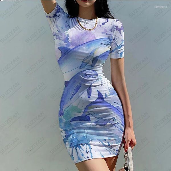 Vestidos de festa verão feminino apertado o-pescoço vestido ultra manga curta saia picante menina 3dprint padrão europeu e americano grande sexy