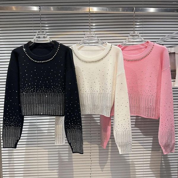 Damenpullover Spting Herbst Frauen Diamanten Perlen Farbverlauf Strickpullover Strass Pullover Pullover Kristall Strickwaren O-Ausschnitt Crop