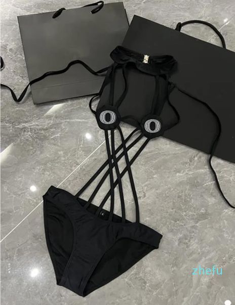 Conjunto de biquíni sexy sem costas, roupa de banho feminina, lingerie preta com carta de diamantes