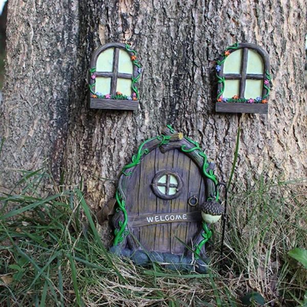 Decorações de jardim em miniatura noctilucente fada janela porta estátua bonito brilho no escuro elfo-como resina artesanato casa estatueta
