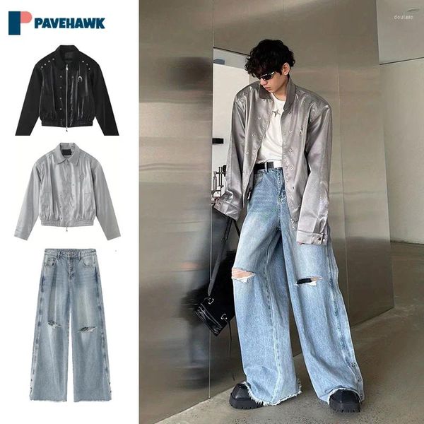 Erkeklerin Trailtsits Korean moda adam seti y2k giyim varsity ceket flaş büyük boy kot pantolon 2psc unisex hip hop yüksek cadde fermuar retro