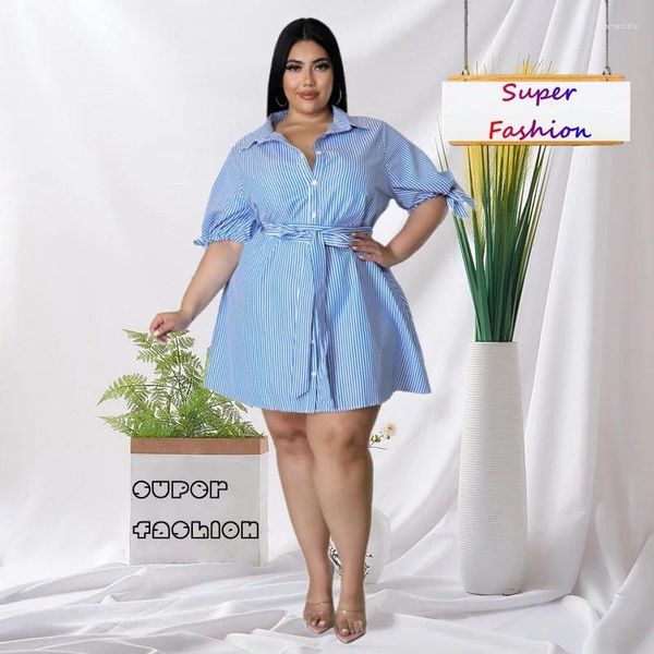 Abiti taglie forti WSFEC XL-5XL per le donne 2024 Primavera Estate moda striscia fasciatura allentata casual midi abito camicia abiti