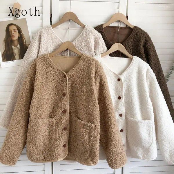 Jaquetas femininas xgoth casacos de pele de inverno estilo coreano solto casual grosso cordeiro de manga comprida sólido cardigan na moda feminino topos