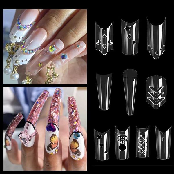 Unhas Falsas 500pcs Geometria Criativa Cobertura Completa Unha Falsa Estrela Oca Imprensa Artificial em Dicas de Unhas Falsas Designs Incríveis Extensão de Unhas Q240122