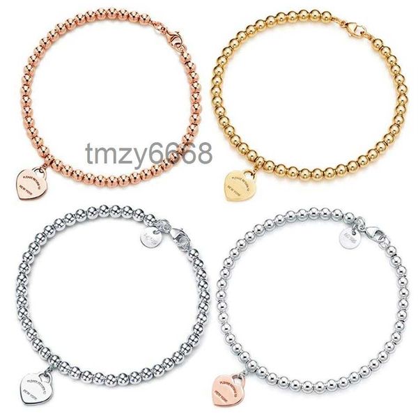 Braccialetti con ciondoli Tiff 100% 925 Argento 4mm Perlina rotonda Amore Bracciale a forma di cuore Placcatura inferiore ispessita femminile per la fidanzata Regalo souvenir182n260s 59XR