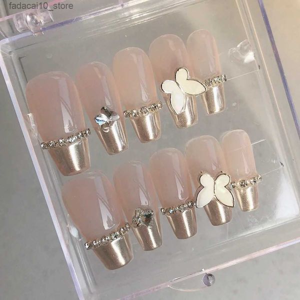 Накладные ногти Накладные ногти накладные ногти серебряное волшебное зеркало розовая перламутровая бабочка с бриллиантовой цепочкой нейл-арт свадебные ногти Q240122