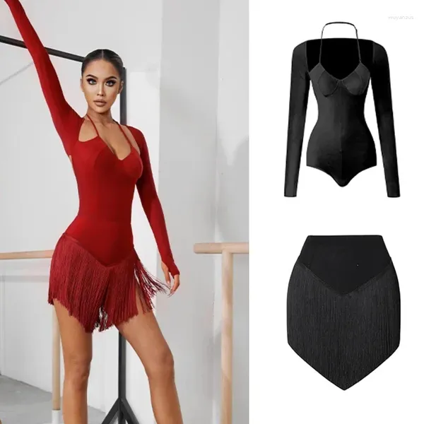 Palco desgaste adultos traje de dança latina sexy halter tops chacha franjas saias mulheres rumba samba vestidos sl9142