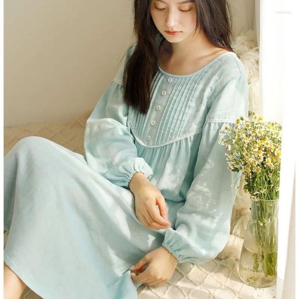 Mulheres sleepwear puro algodão princesa estilo pijama vestido primavera outono manga longa saia de sono meninas moda solta lazer camisolas
