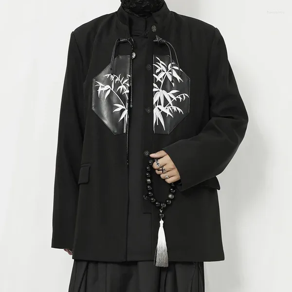 Мужские костюмы, оригинальный повседневный пиджак в китайском стиле с воротником-стойкой и вышивкой в стиле пэчворк, кожаный свободный крой Чжуншань