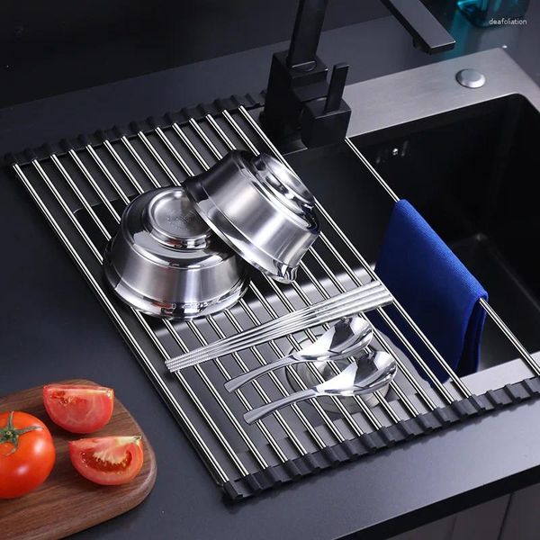 Кухонная дренажная стойка из нержавеющей стали для хранения, складная посуда для фруктов и овощей, фильтрация воды, рольставни