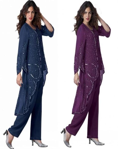 Lindo terno roxo de três peças para mãe da noiva plus size noivo mãe noite mangas compridas lantejoulas chiffon formal dre1007657