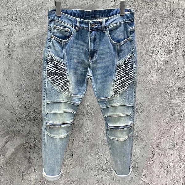 Herrenjeans 2024 Blaue High-End-Motorrad-Trendhose mit Reißverschluss High Street Stacked Patchwork Jean Slim Fit Denim Skinny