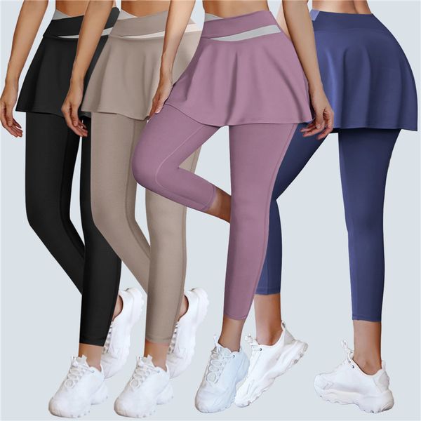 Nova moda sxey esporte skorts leggings yoga calças elásticas saia falsa leggings de fitness treino esportes correndo leggings mulheres tigh