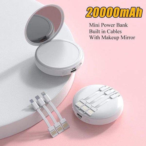 Зеркала Mini Power Bank 20000 мАч с зеркалом для макияжа, портативное зарядное устройство с быстрой зарядкой Powerbank с кабелем повербанка для iPhone 12 Xiaomi 9