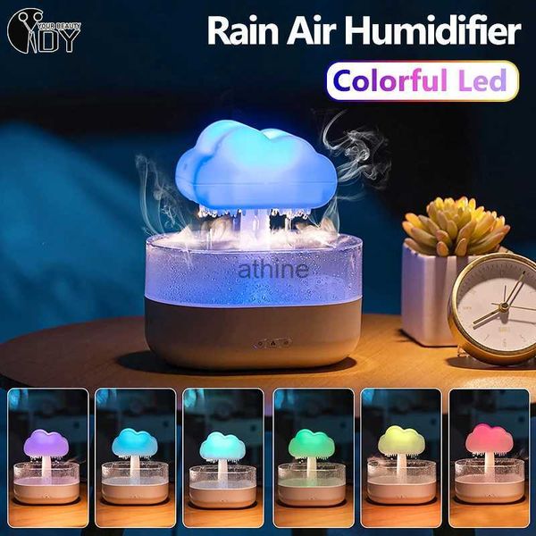 Humidificadores Humidificador de luz nocturna con nube de lluvia con sonido de gota de agua de lluvia y difusor de aromaterapia de aceite con luz LED de 7 colores para el hogar 200 ML YQ240122