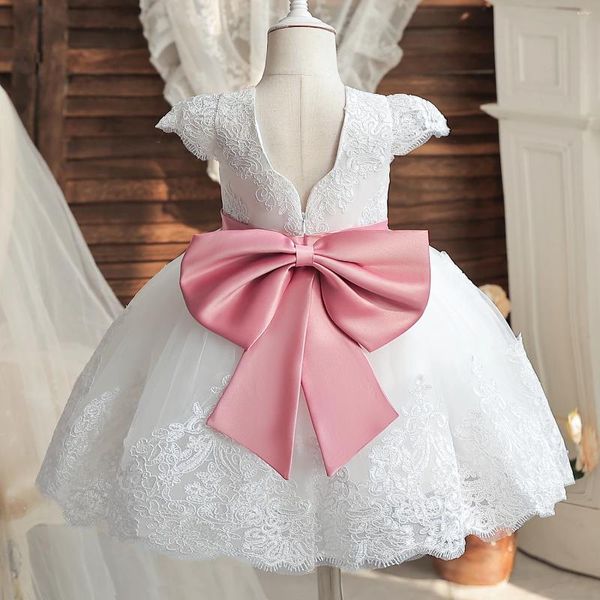 Платья для девочек, платье на день рождения для детей 1 года, белое платье-пачка для крещения 12 месяцев, кружевное платье с цветочным бантом и бантом для новорожденных, костюм принцессы, официальная праздничная одежда