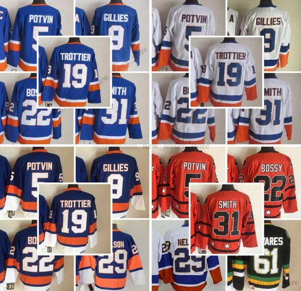Movie College Vintage Ice Hockey Wears Jerseys Stitched 5DenisPotvin 9ClarkGillies 19BryanTrottier 22MikeBossy 31BillySmith 29Nels4190160