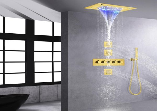 Termostatico in oro spazzolato 14 X 20 pollici LED Cascata a pioggia Topend Soffione doccia Miscelatore vasca Set Spruzzatore corpo Jet All Funct8259897