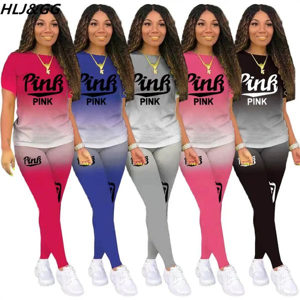 Capris Hljgg Lettera Rosa Stampa Tuta da donna Maglietta e leggings sfumati Pantaloni abbinati a due pezzi Completi Sport Streetwear