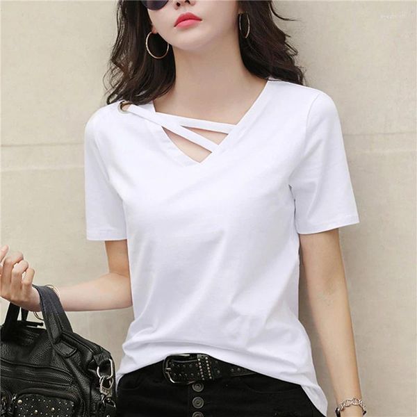 Camiseta feminina verão manga curta camisetas mulheres branco camiseta com decote em v solto coreano preto top casual camisa de tendência compassiva