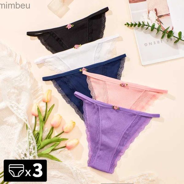 Sexy conjunto 3 pçs sexy tangas biquíni calcinha de algodão feminino renda lingerie g-string cintura baixa briefs roupa interior feminina senhoras t-back tanga tangasl240122