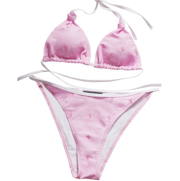 Rosa roupa de banho carta impressão biquinis conjunto para mulher sexy três pontos biquinis verão rendas até halter maiô quente sping banho