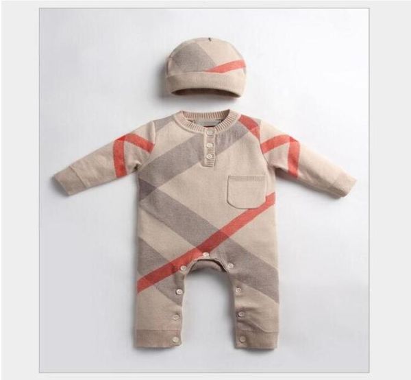 Herbst Winter Baby Stricken Strampler Mit Hüte Infant Jungen Mädchen Plaid Langarm Overalls Kleinkind Neugeborenen Onesies Kinder Romper2525235