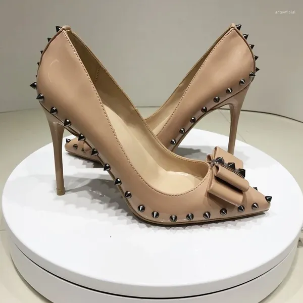 Scarpe eleganti Nude Bowknot Donna Sexy Spikes Brevetto Stiletto Décolleté Punta a punta Slip On 8cm 10cm 12cm Tacco alto Plus Size 33-45