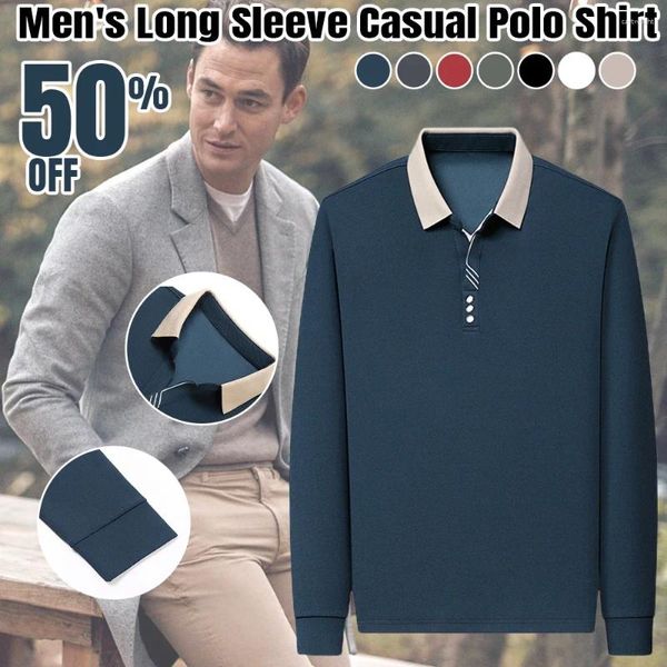 Camisa polo masculina de manga comprida, camisa polo casual com gola virada para baixo, camiseta confortável de algodão waffle, linha de contraste de negócios, combinação fácil clássica