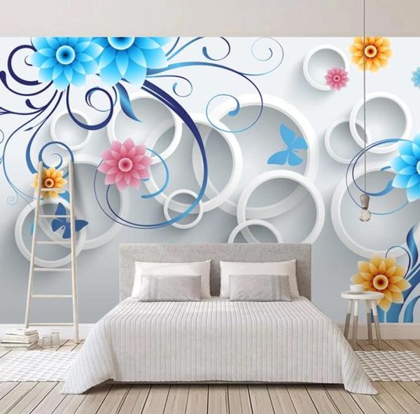 Dropship Murales personalizzati Moderni cerchi 3D Fiore blu Camera dei bambini Camera da letto Soggiorno TV Sfondo Decorazione murale Wa8959780