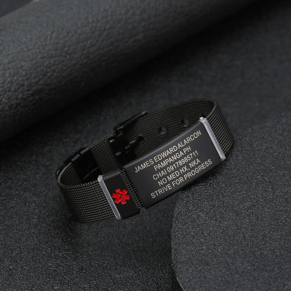 Armbänder Maßgeschneiderte medizinische ID für Kinder, 20 cm Länge, Armband, schwarze Uhrenkette, Edelstahl, Sport, medizinische Alarm-ID, Schmuck, Geschenke