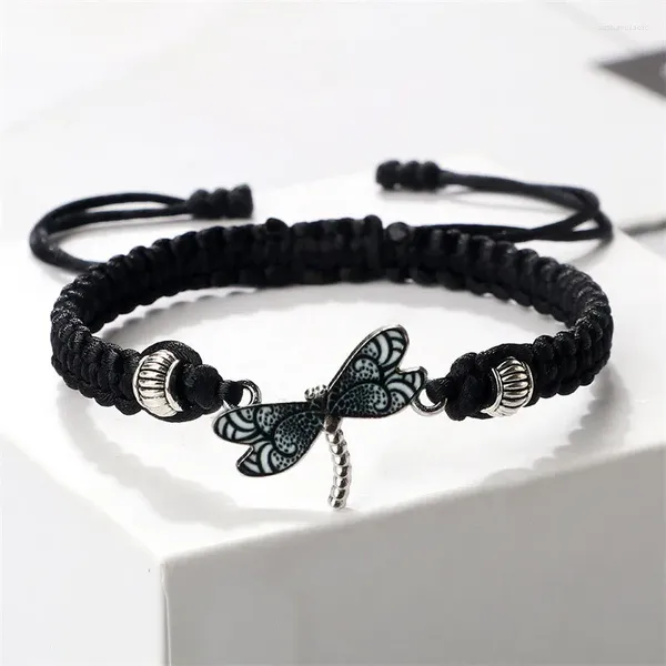 Charme pulseiras cinza libélula moda pulseira clássico preto trançado corda cadeia artesanal para mulheres homens jóias ajustáveis presentes