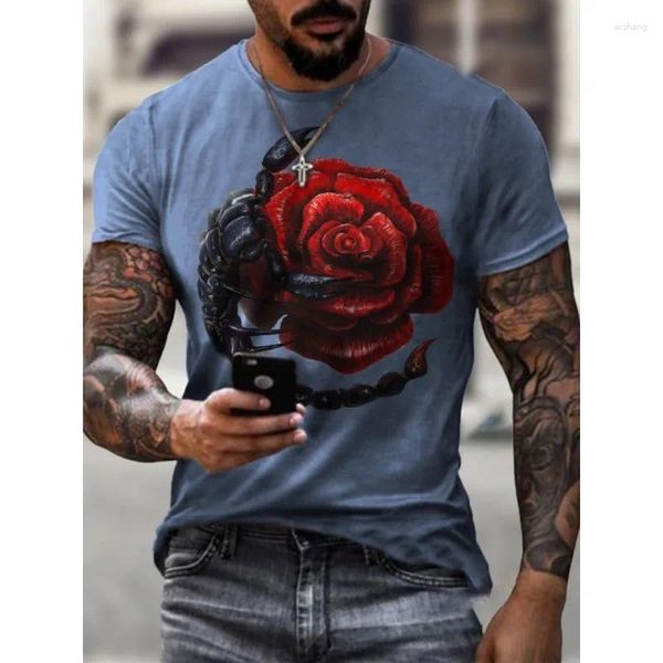 Homens camisetas Europeu American High Street T-shirt Moda Red Rose Scorpion Imprimir Top Redondo Pescoço Elástico Slim Fit Camisa Primavera / Verão