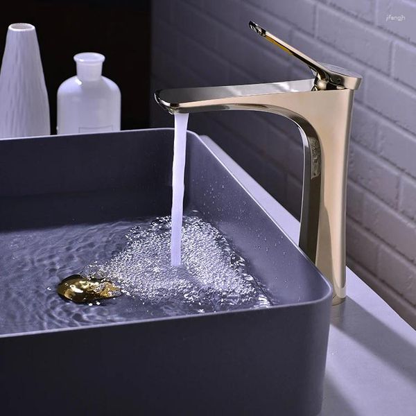 Torneiras de pia do banheiro design original de alta qualidade torneira de latão único furo misturador de bacia de ouro alto moda cobre