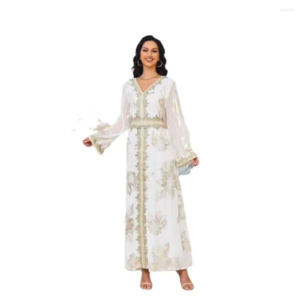 Roupas étnicas Zigui Modest Muçulmano Marroquino Jalabiya Dubai Vestidos Brancos Mulher Festa de Casamento Impressão Flor Chiffon Árabe para Mulheres