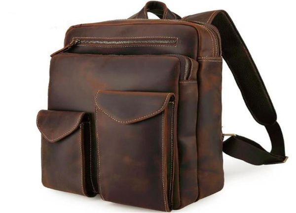 Men039s vintage grão completo couro genuíno mochila de viagem ao ar livre weekender negócios bolsa para portátil escola cavalo louco ba4506767