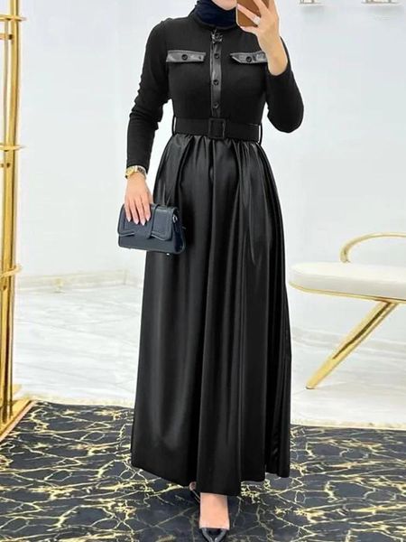 Abbigliamento etnico Eid Abaya musulmano per le donne Abito cintura con lacci in pelle PU Abiti lunghi Dubai Robe Party Abiti Abaya 2024
