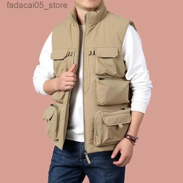 Coletes masculinos múltiplos bolsos soltos fotografia de pesca ao ar livre colete térmico homens masculino carga colete sem mangas jaqueta gilets casaco acolchoado q240122