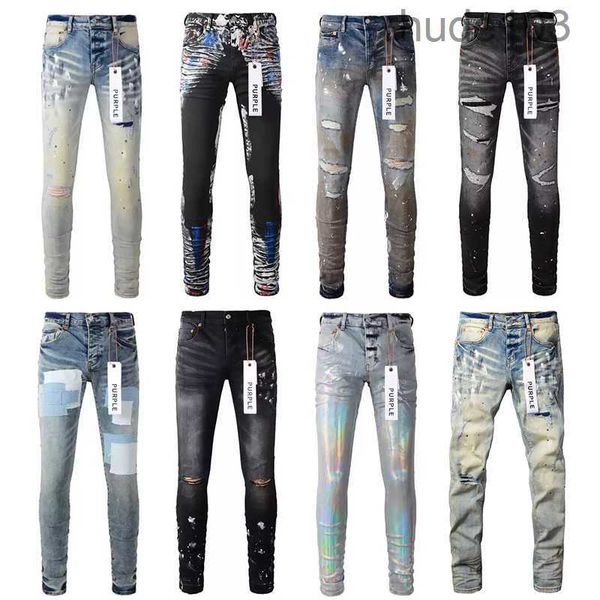 Jeans firmati viola da uomo skinny da motociclista alla moda con buco patchwork strappato tutto l'anno con gamba sottile marchio all'ingrosso SVOV