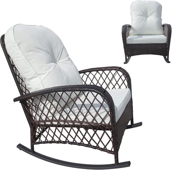 На открытом воздухе плетеное кресло -качалка, кресло с ротантным патио с подушкой, всепогодные качающие стулья максимум 330 фунтов - коричневая с белой подушкой