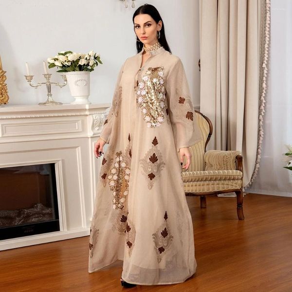 Abiti casual Mesh Paillettes Abito Abaya ricamato per le donne Inverno 2024 Medio Oriente Arabo Oman Dubai Musulmano Marocchino Caftano Abiti da festa