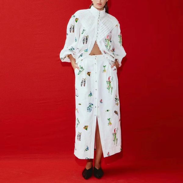Vestido de duas peças designer australiano branco linho flor bordado gola lanterna manga camisa lápis saia conjunto de duas peças