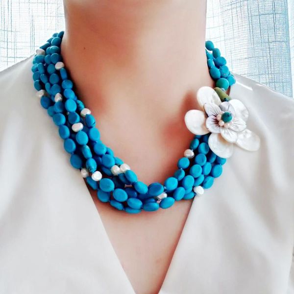 Anhänger Lii Ji Echte Süßwasserperle Türkis 5 Reihen Statement-Halskette Muschelblumen Groß 52 cm Damenschmuck
