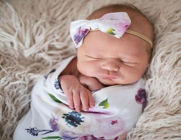Babydecke Neugeborenen-Schlafsack mit Blumenmuster, 2-teiliges Set mit Schleifen-Stirnbändern, Wickeldecke, Pucken, Pographic-Requisiten BY5440964